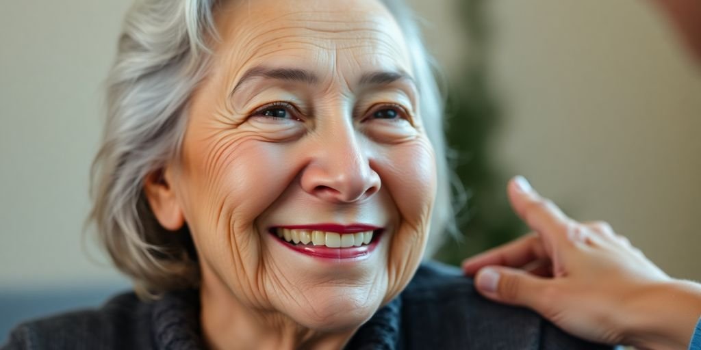 Idosa sorrindo, recebendo cuidado atencioso