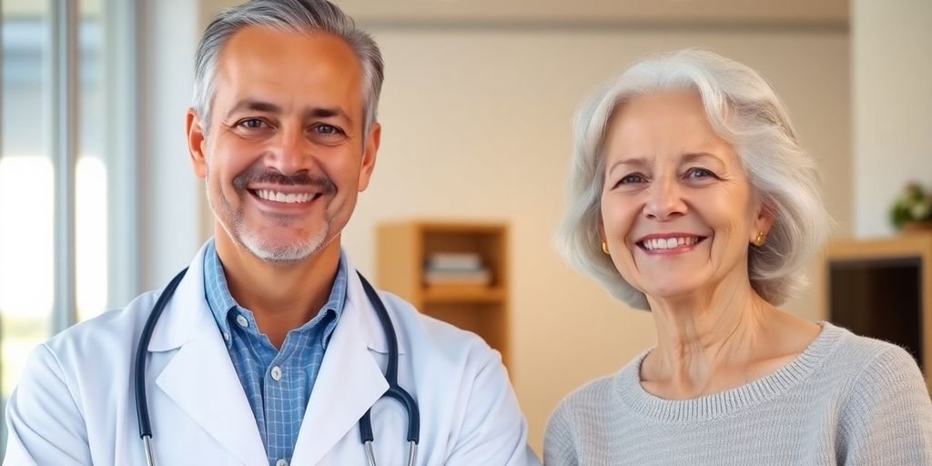 Médico sorrindo e idosa feliz