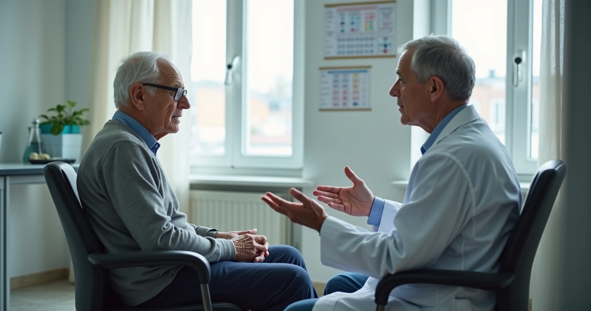 Um médico geriatra conversando com um paciente idoso em um consultório, representando a importância do diagnóstico e acompanhamento médico na demência.
