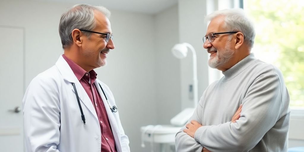 Médico e paciente idoso conversando amigavelmente em consultório.