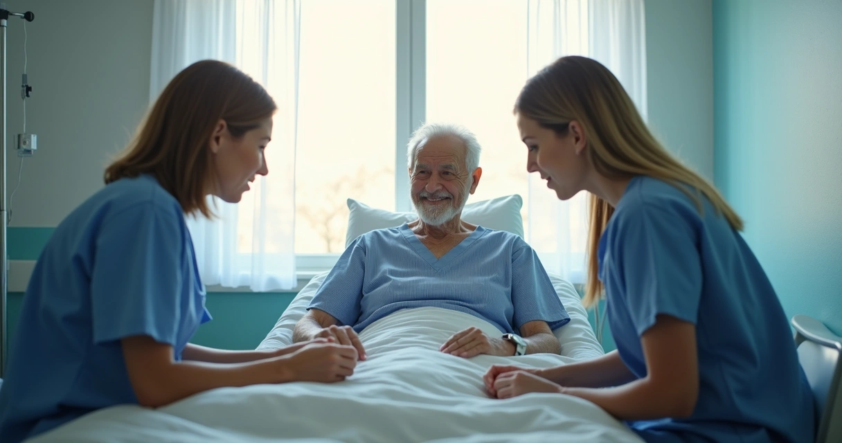 Duas enfermeiras ou cuidadoras sorrindo e interagindo com um paciente idoso em uma cama de hospital, simbolizando o cuidado humanizado e a equipe multidisciplinar em cuidados paliativos.