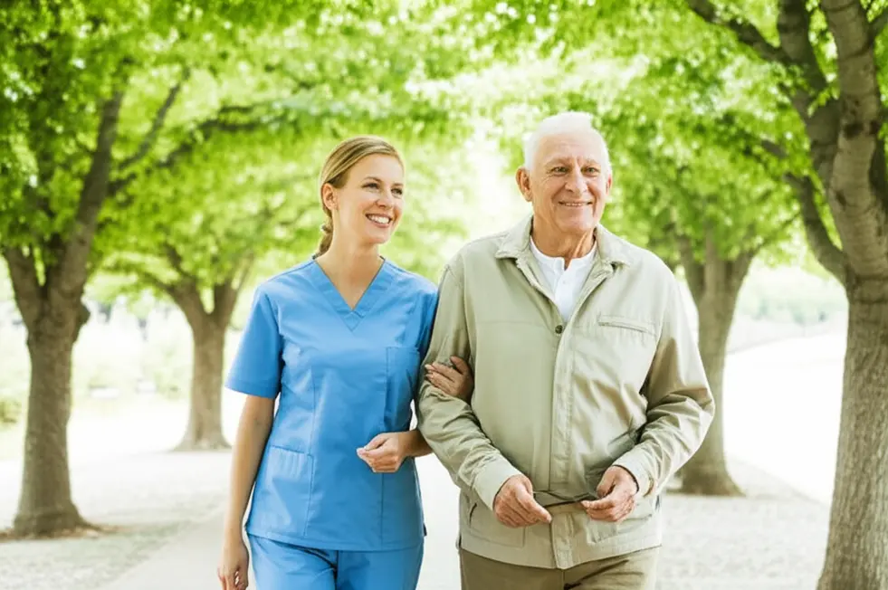 Idoso caminhando com cuidador em trilha, transmitindo segurança e apoio.
