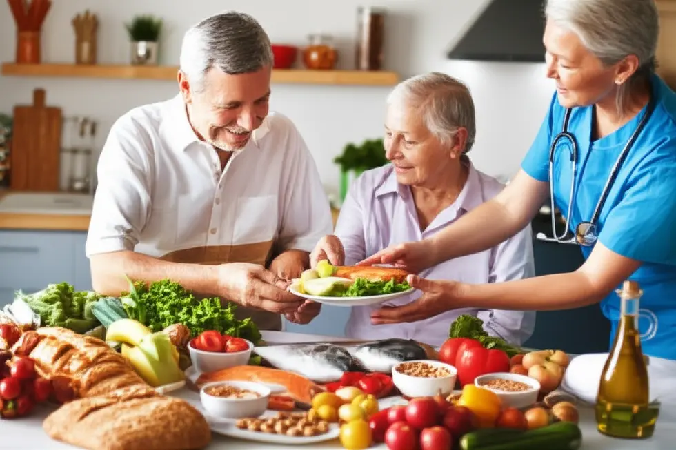 Casal de idosos e cuidador à mesa com pratos coloridos e saudáveis, demonstrando alimentação para o coração.