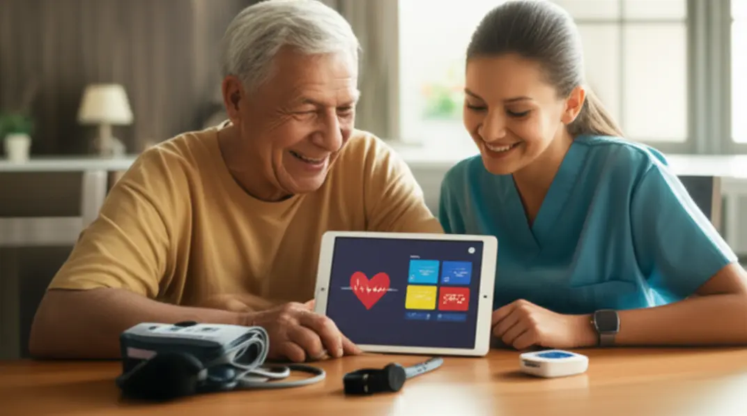 Idoso e cuidador consultando aplicativo de monitoramento cardíaco em tablet com dispositivos médicos sobre a mesa.
