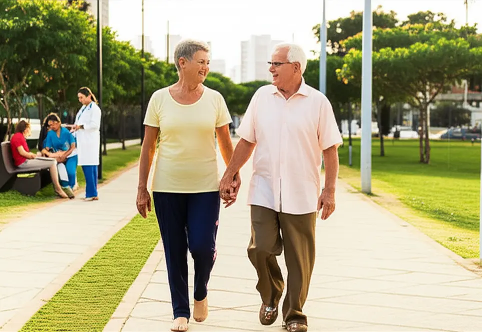 Idoso caminhando com familiar em parque de Jundiaí enquanto profissionais discutem cuidados ao fundo