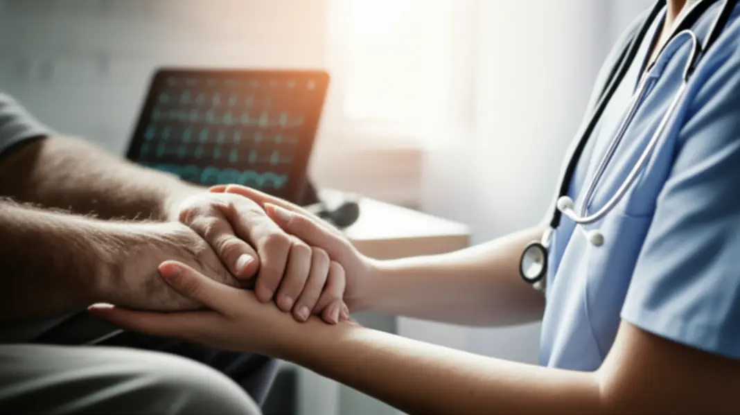 Cuidador segurando a mão de idoso enquanto médico revisa ECG em tablet ao fundo