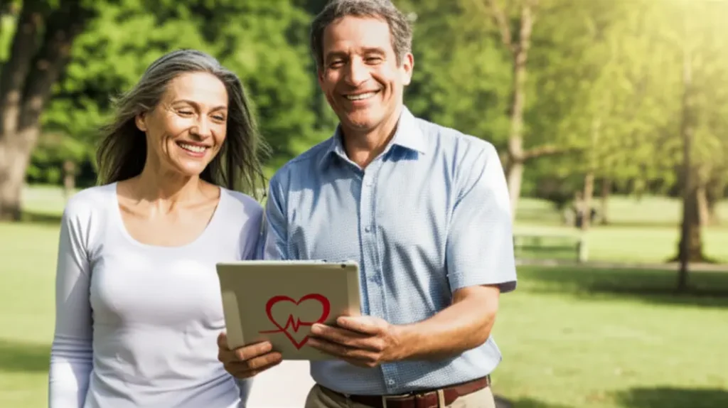 Casal caminhando no parque, verificando um aplicativo de saúde cardíaca no tablet.