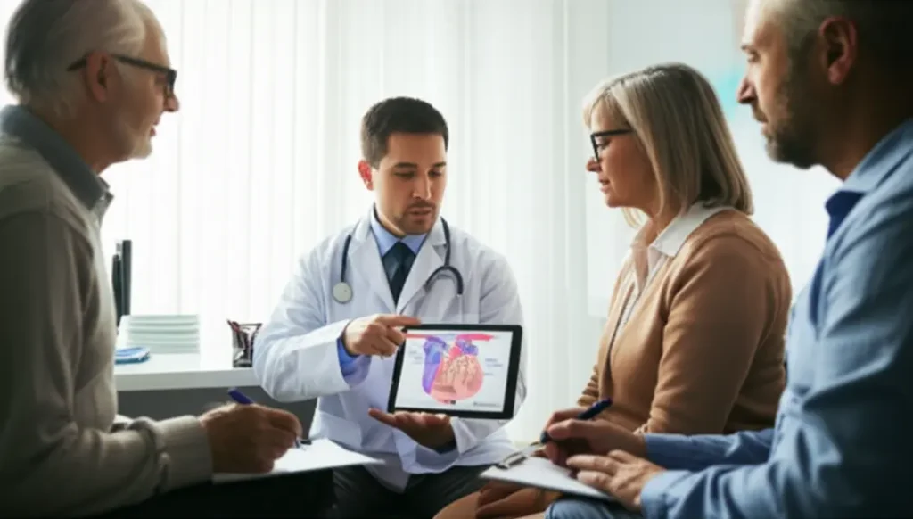 Cardiologista mostrando diagrama do coração no tablet para idoso acompanhado por familiar